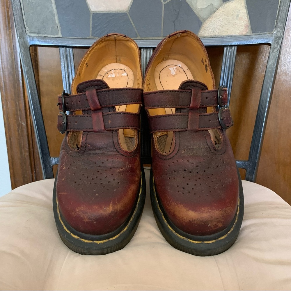 Vintage Dr Martens T Strap Mary Janes Dark Red Distressed Size US 7